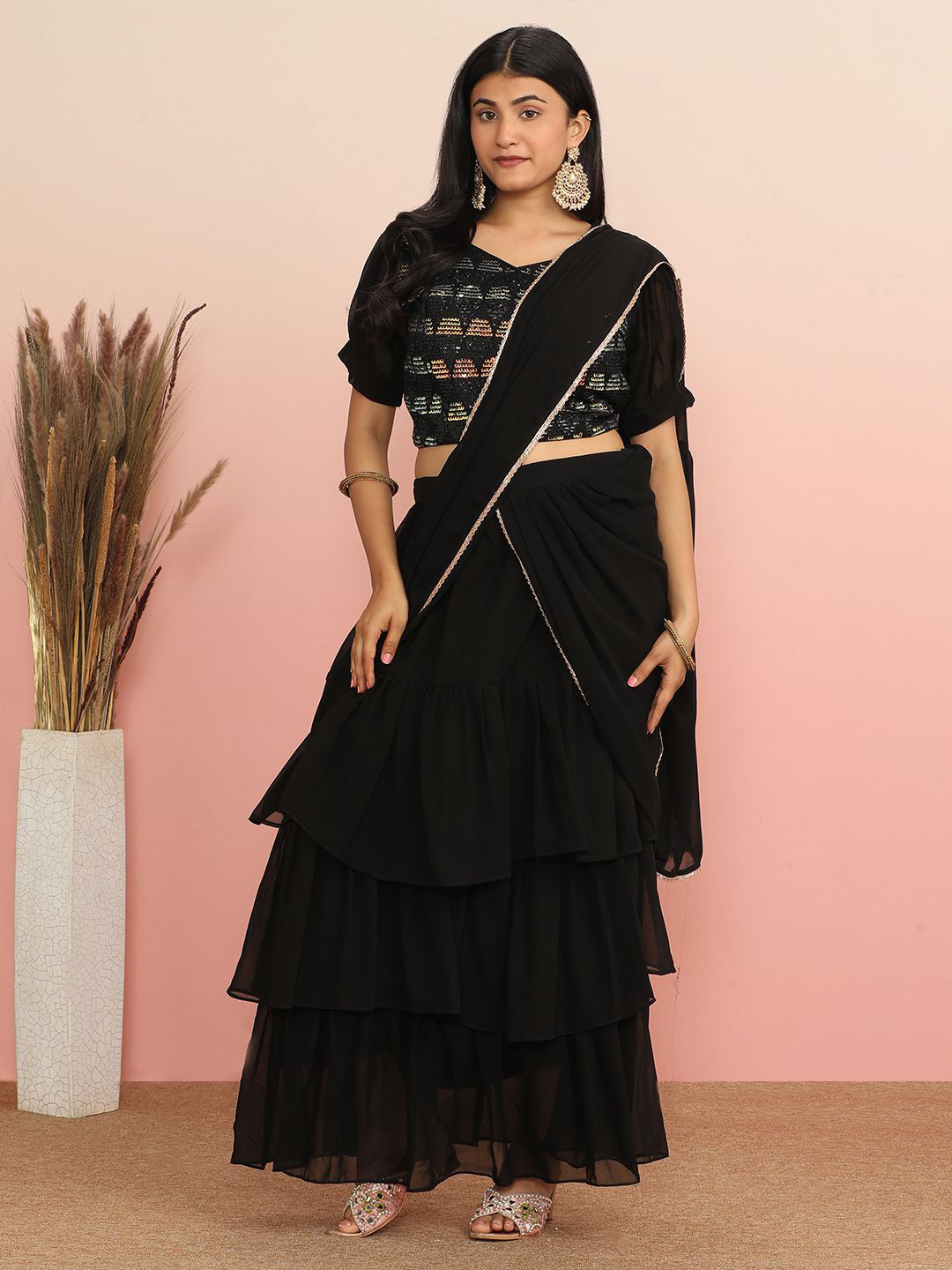 

MAHALASA Embroidered Pure Georgette Saree, Black
