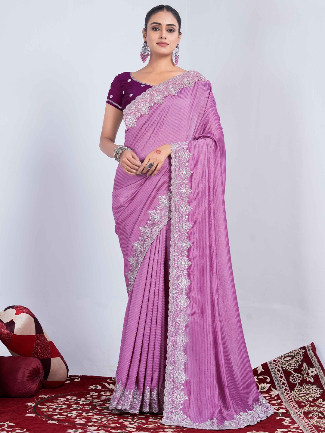 

Mitera Striped Embroidered Saree, Pink