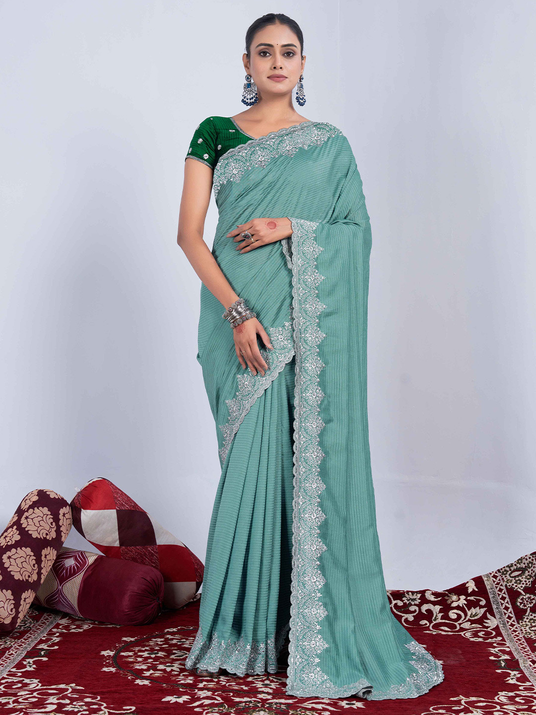 

Mitera Striped Embroidered Saree, Turquoise blue