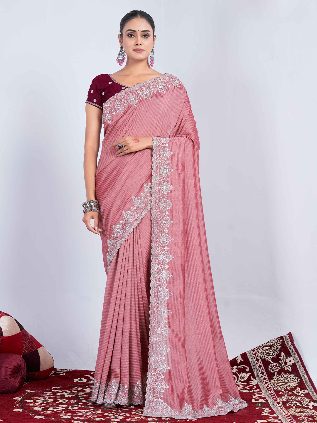 

Mitera Striped Embroidered Saree, Peach