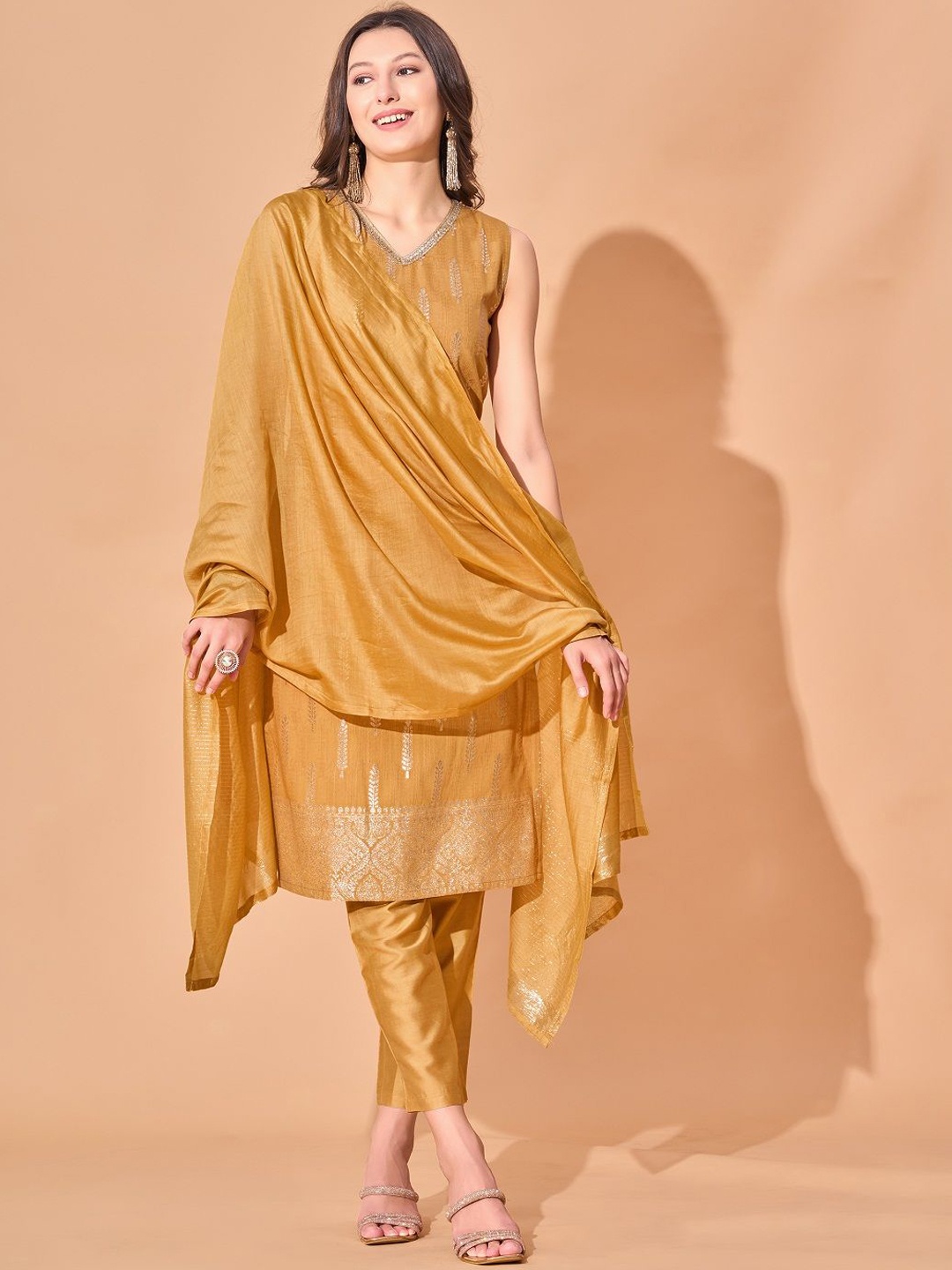 

Hinayat Fashion Floral Printed Pure Silk Kurta with Trousers & Dupatta, Brown