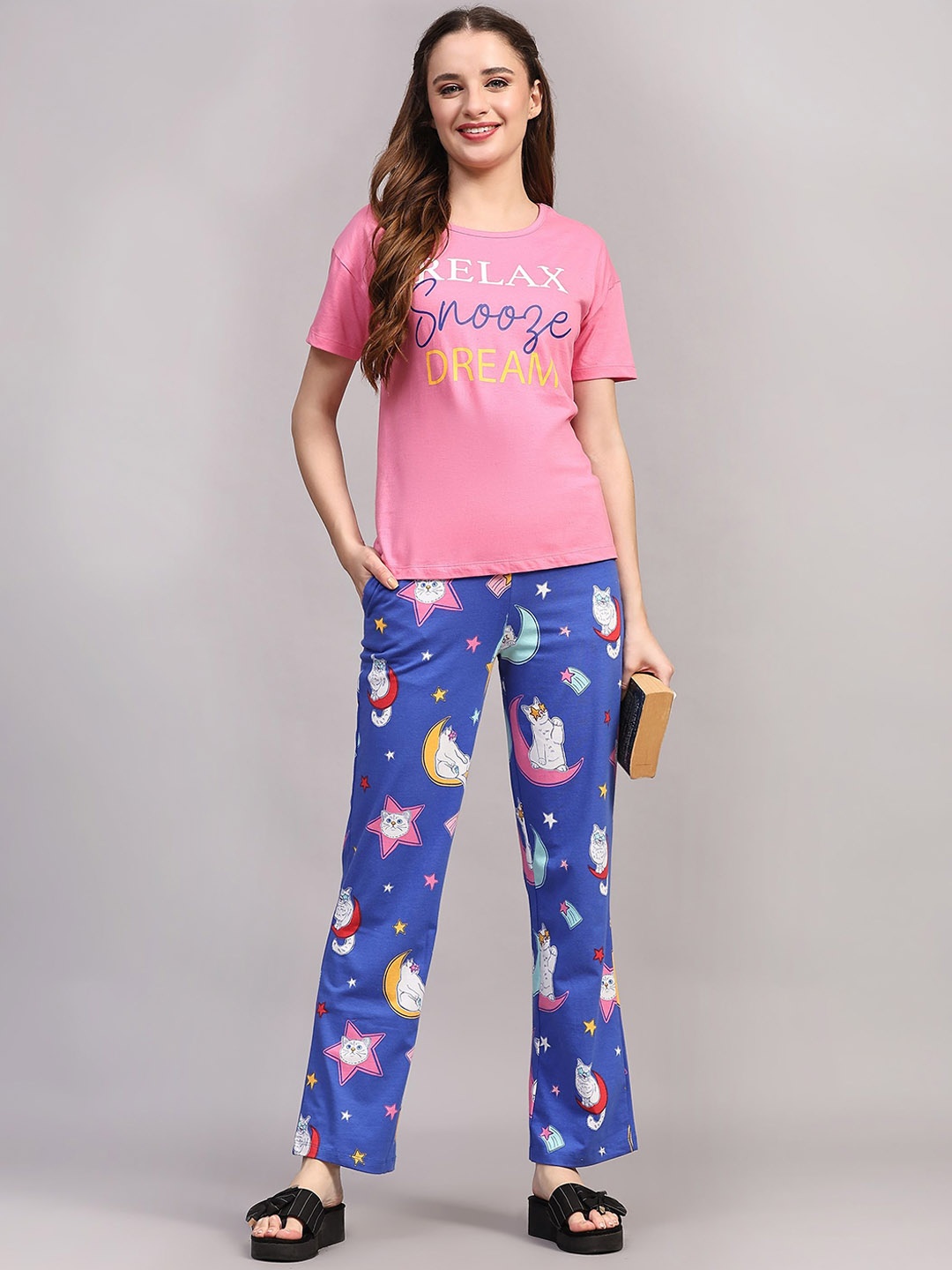 

BStories Printed Pure Cotton T-shirt With Trouser Co-Ords, Pink