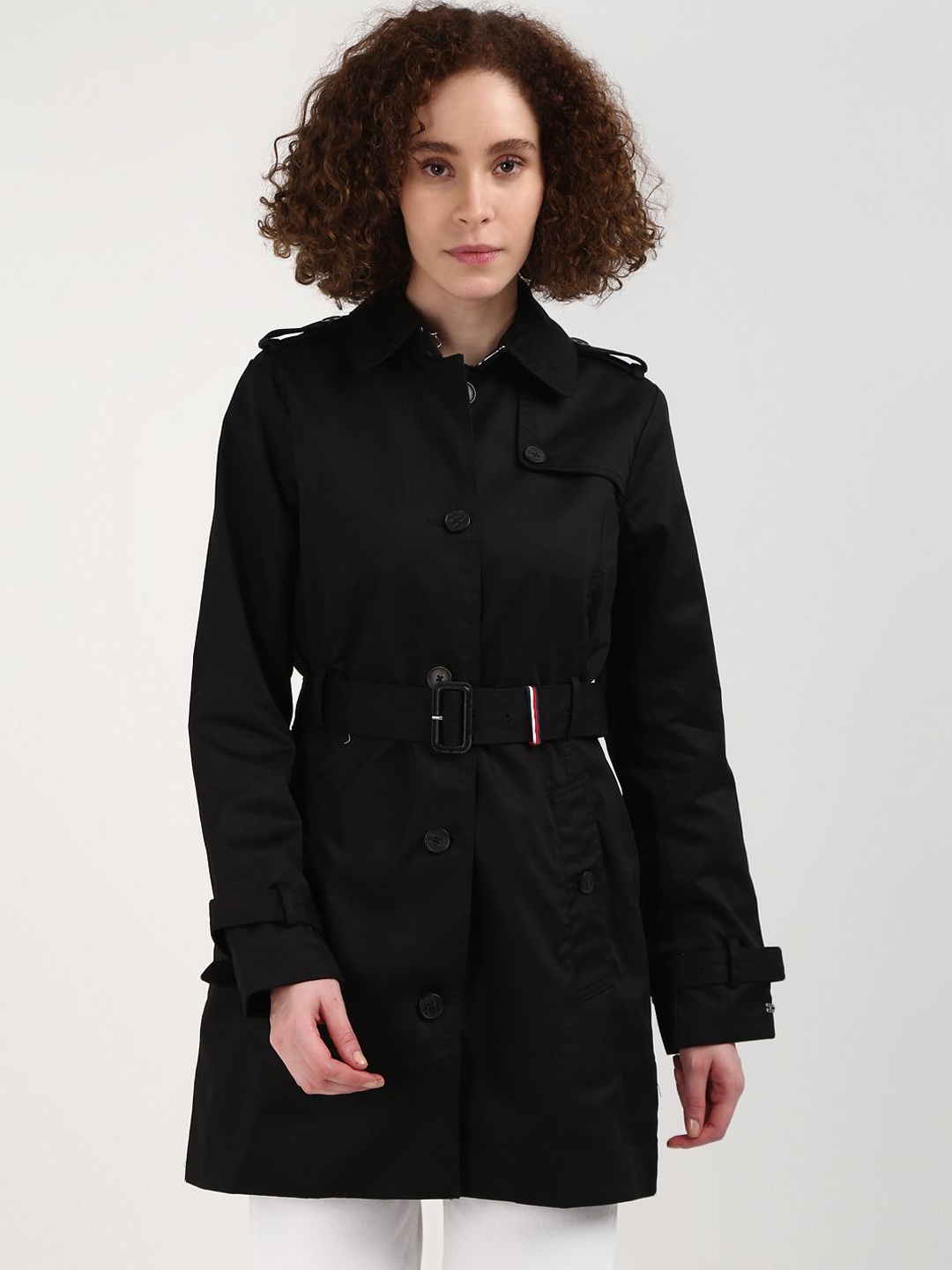 

Tommy Hilfiger Pure Cotton Solid Black Trench Coat