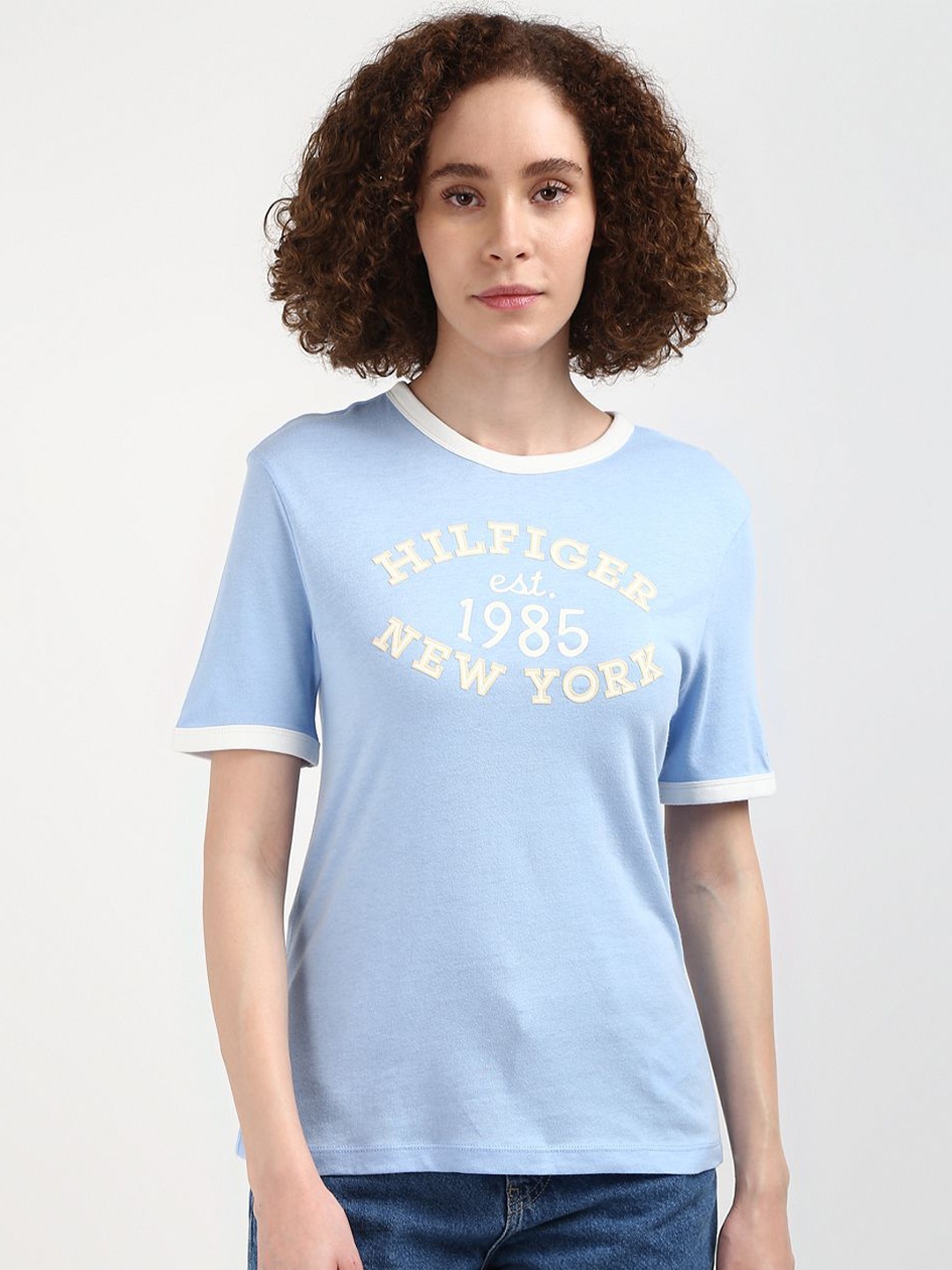 Tommy Hilfiger Women Typography Printed Applique T-shirt, Blue