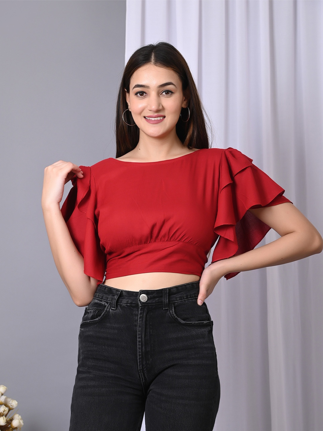 

IQRAAR Boat Neck Flared Sleeve Ruffles Crop Top, Maroon