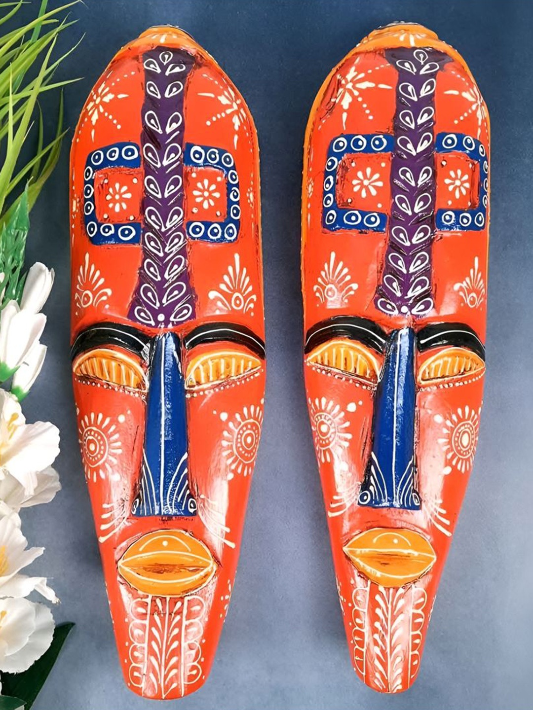

apka mart Red & Blue 2 Pieces Wooden Nazar Battu Tribal Masks Wall Decors