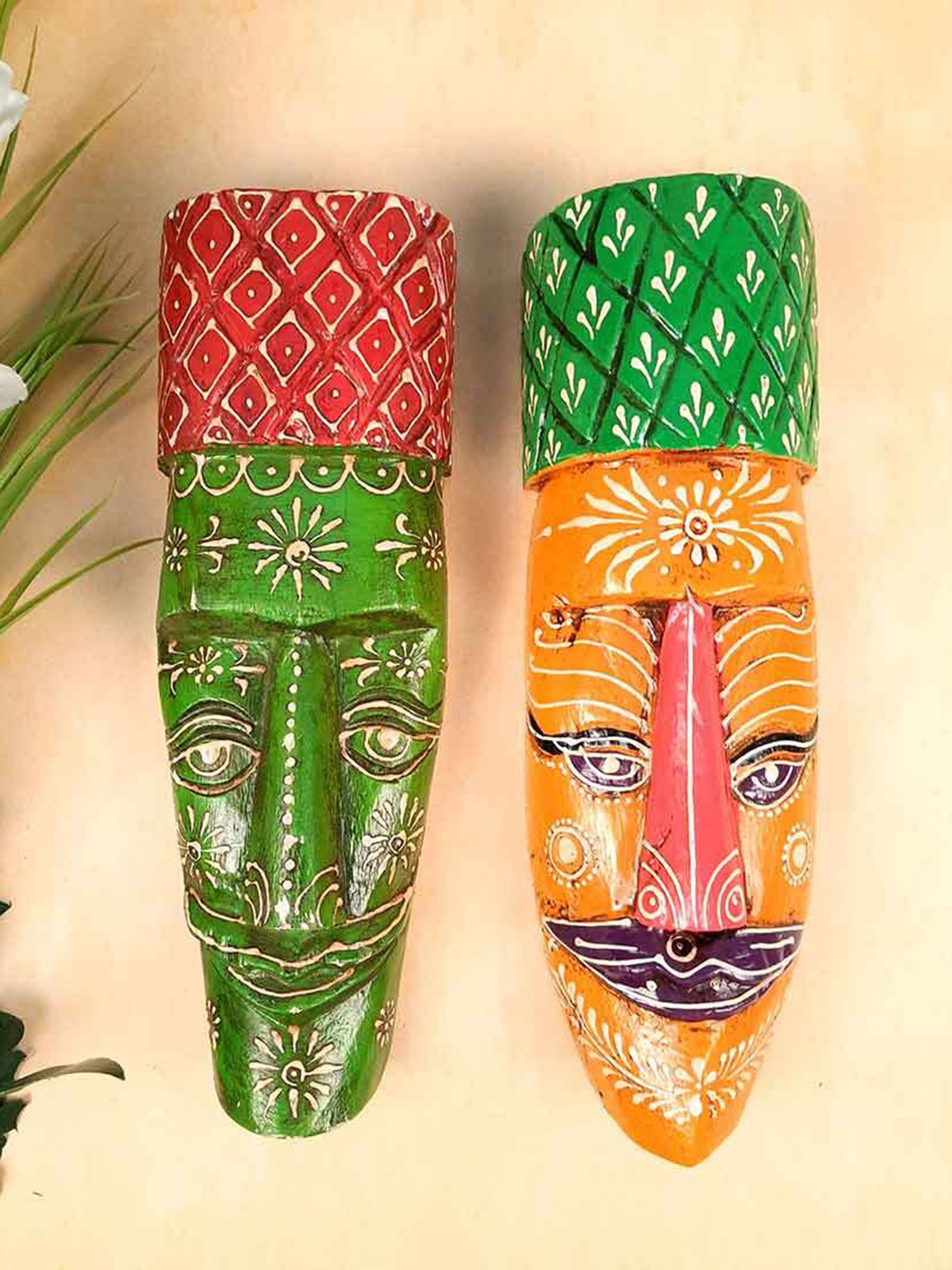 

apka mart Green & Orange Wooden Tribal Masks Wall Decors