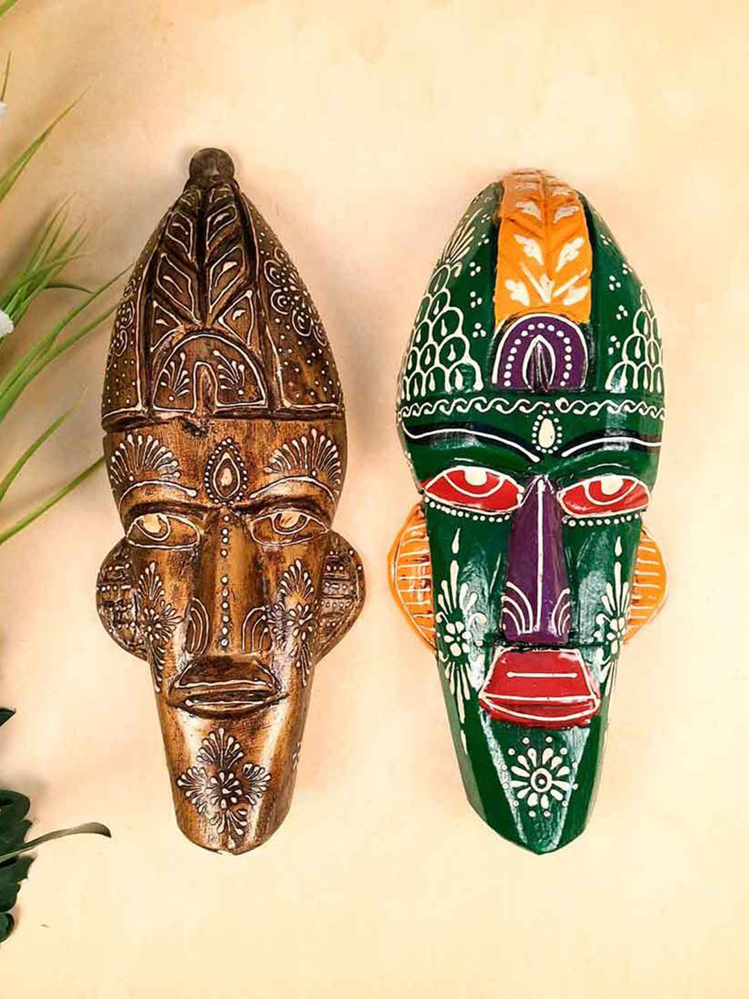 

apka mart Brown & Black 2 Pieces Wooden African Masks Wall Decors
