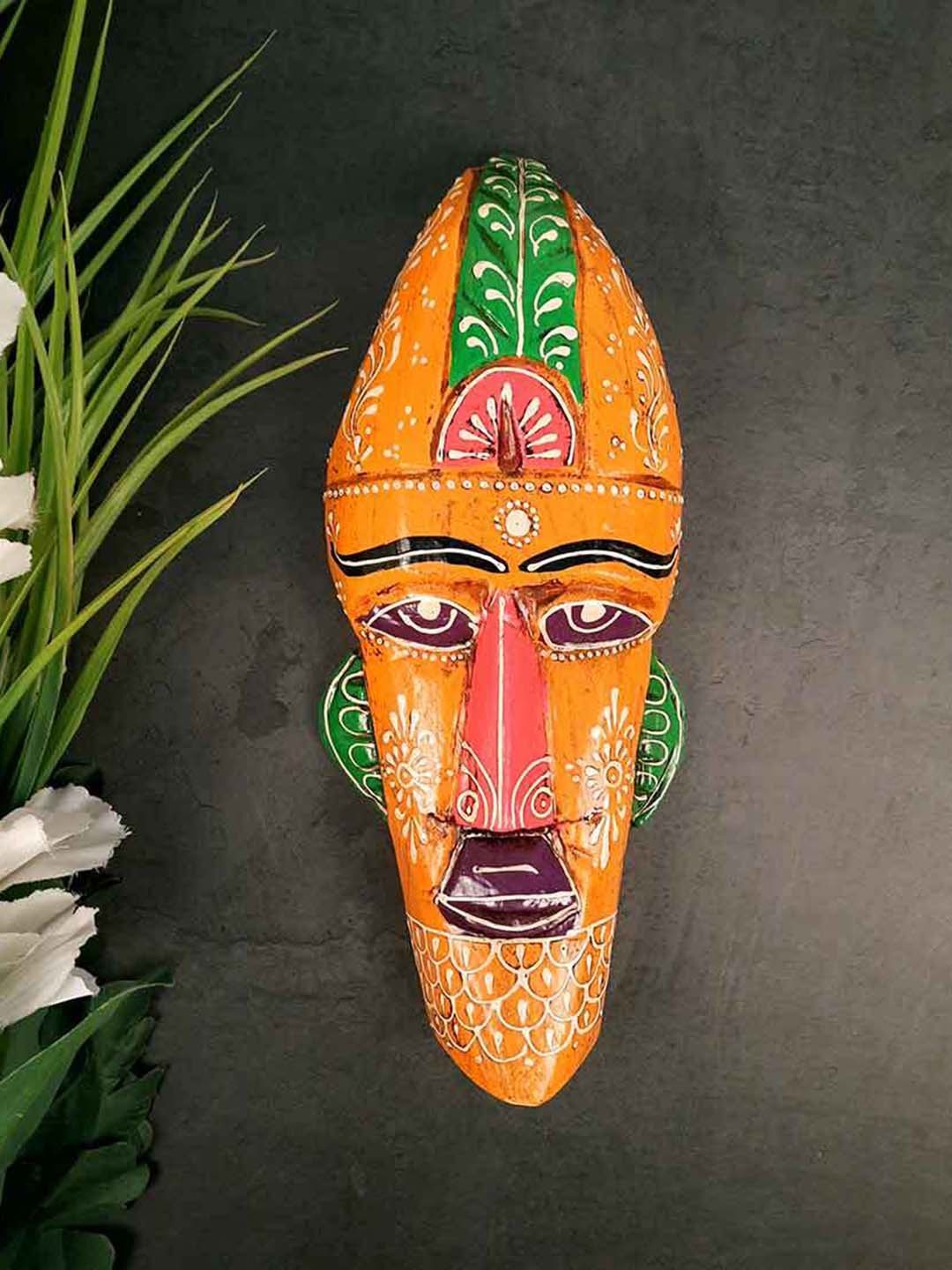

apka mart Orange & White Wooden Tribal Masks Wall Decor