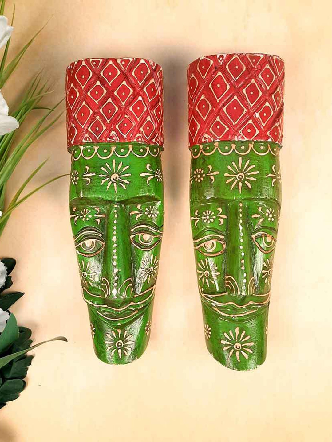 

apka mart Green & Red 2 Pieces Wooden Nazar Battu Tribal Africa Masks Wall Decors