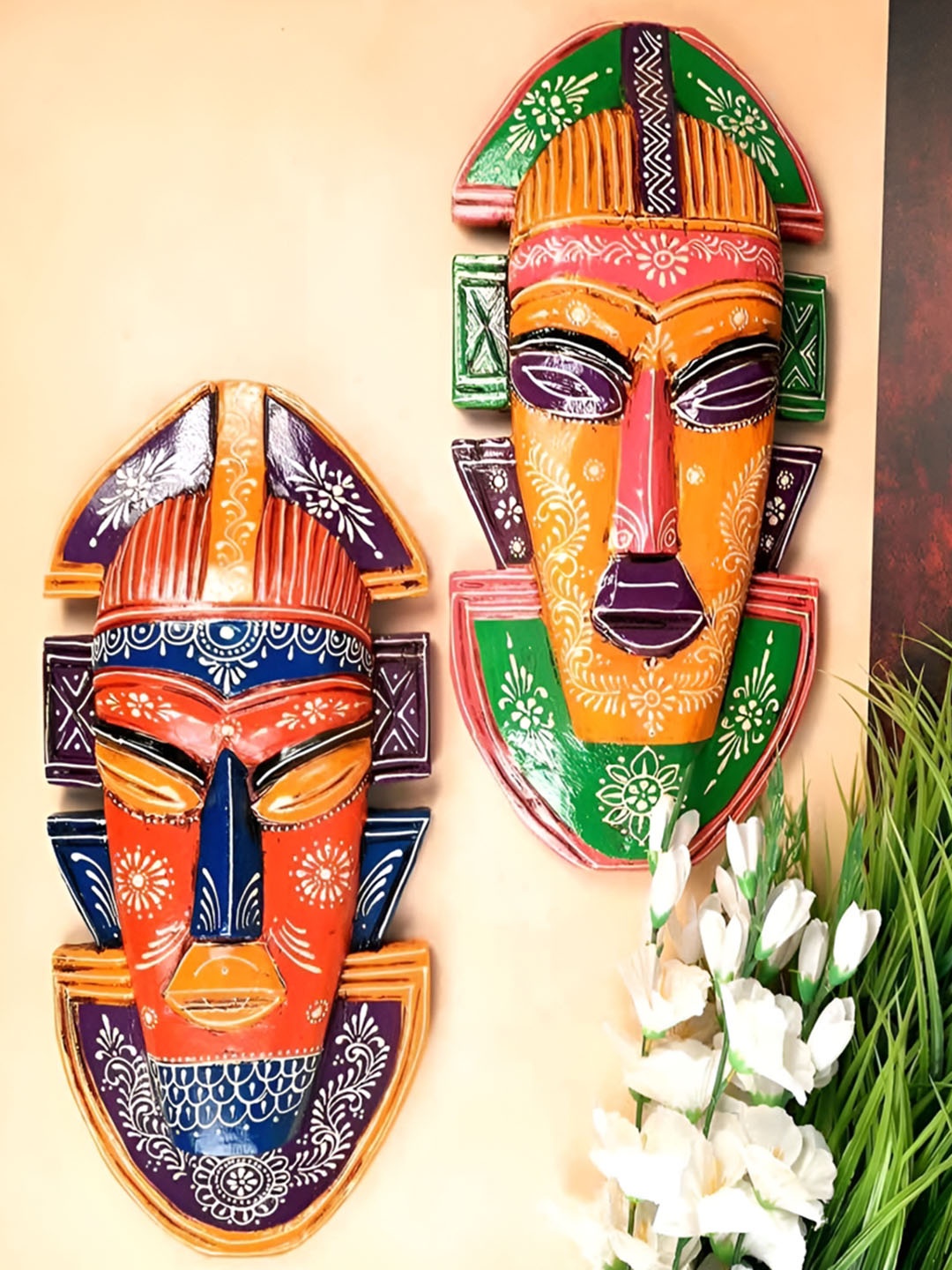 

apka mart 2 Pieces Orange & Red Wooden Nazar Battu Tribal Masks Wall Decors