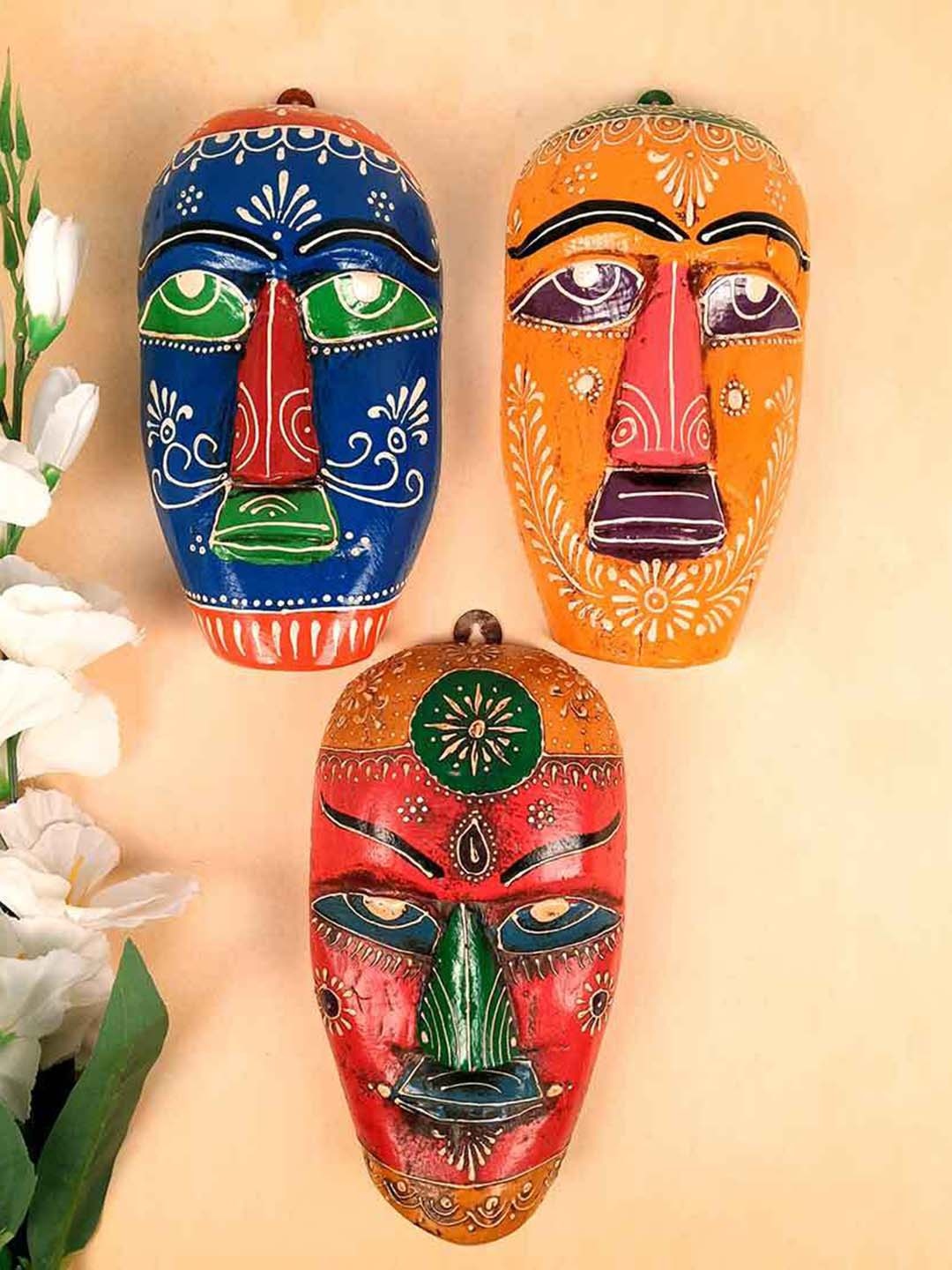 

apka mart Blue & Red 3 Pieces Wooden Nazar Battu African Masks Wall Decors