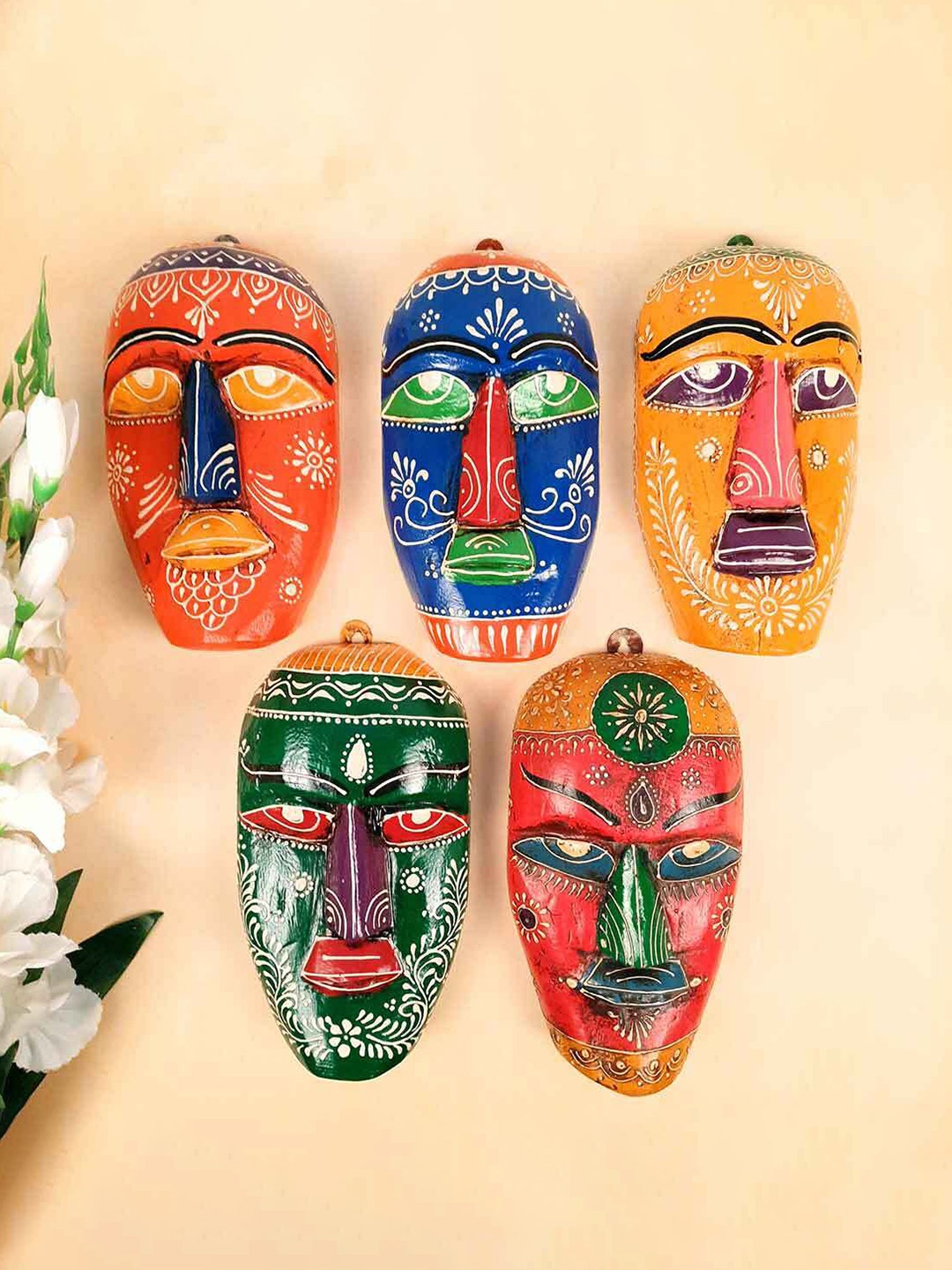 

apka mart Green & Red 5 Pieces Wooden Nazar Battu Tribal Masks Wall Decors