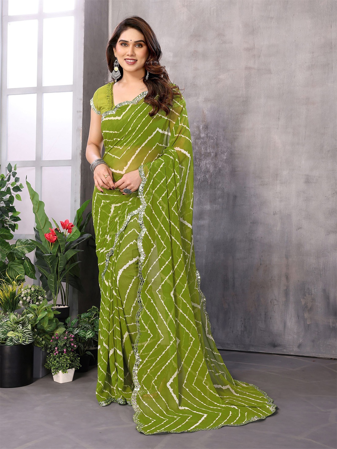 

The Textile Hub Embroidered Mirror Work Leheriya Saree, Green