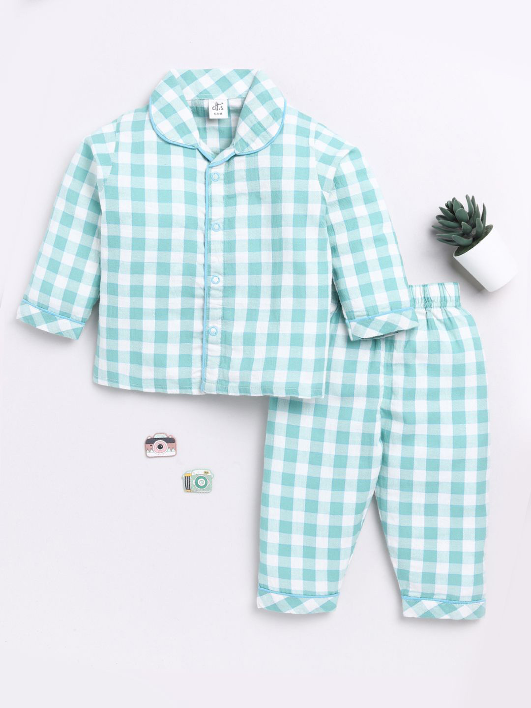 

Clt.s Unisex Kids Checked Pure Cotton Night suit, Green