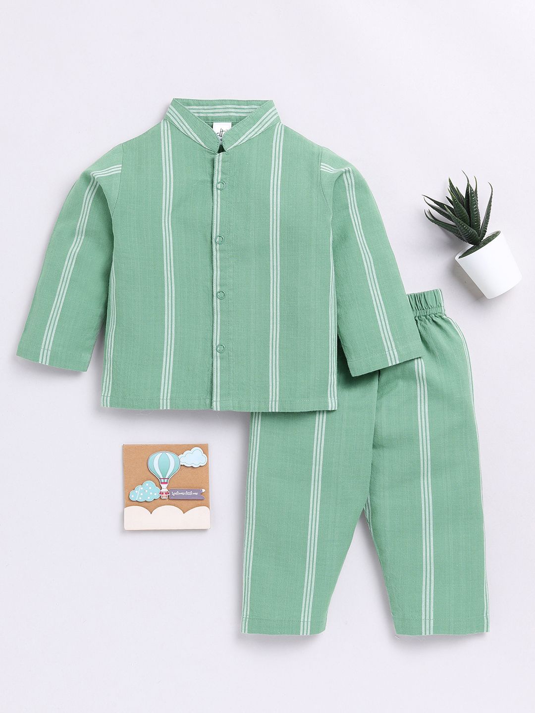 

Clt.s Unisex Kids Striped Printed Mandarin Collar Pure Cotton Shirt & Pyjamas, Green