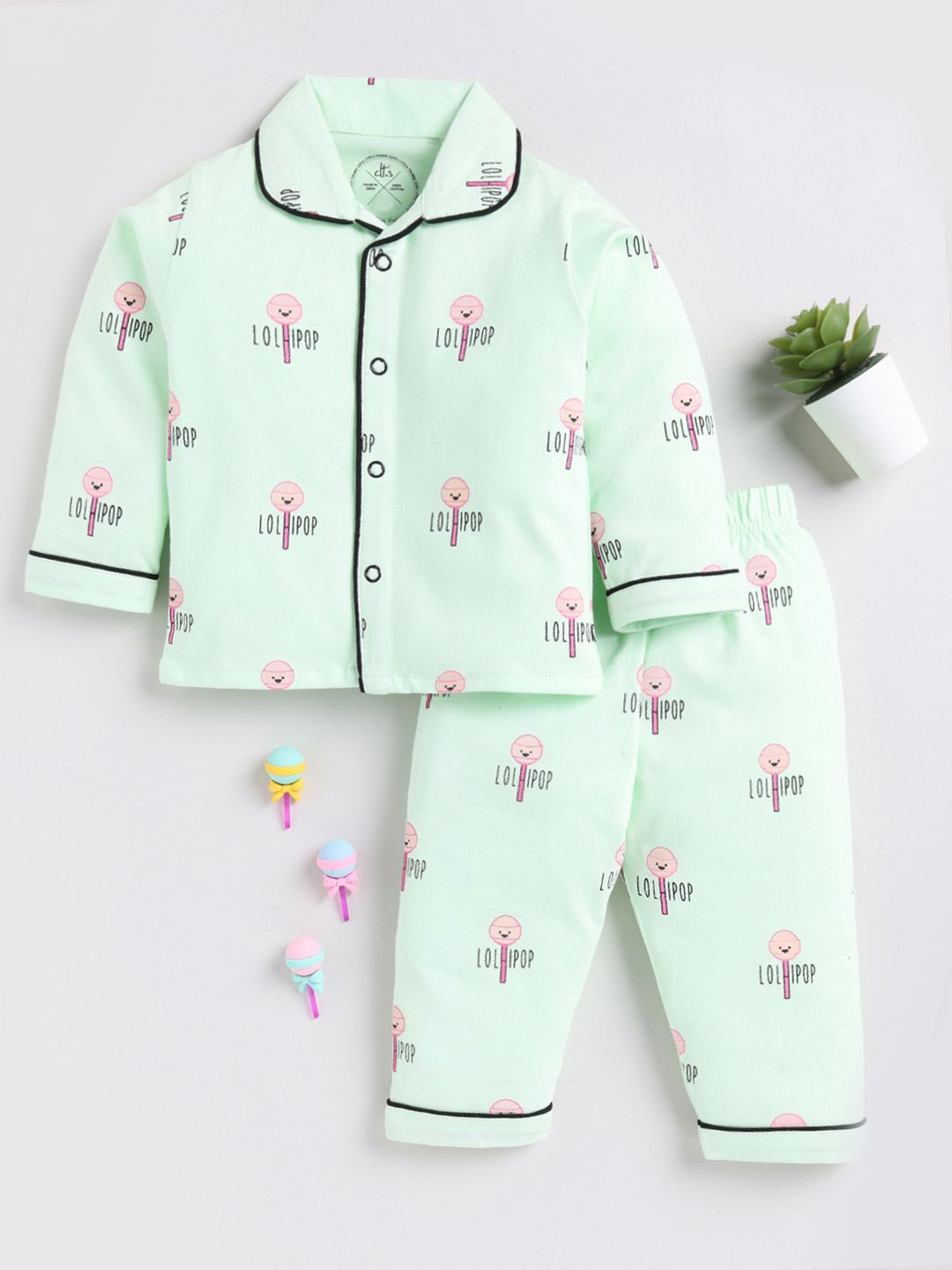 

Clt.s Kids Conversational Printed Long Sleeves Pure Cotton Shirt With Pyjamas, Green
