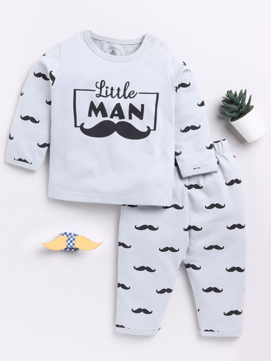 

Clt.s Unisex Conversational Printed Peter Pan Collar Pure Cotton T-shirt With Pyjamas, Grey