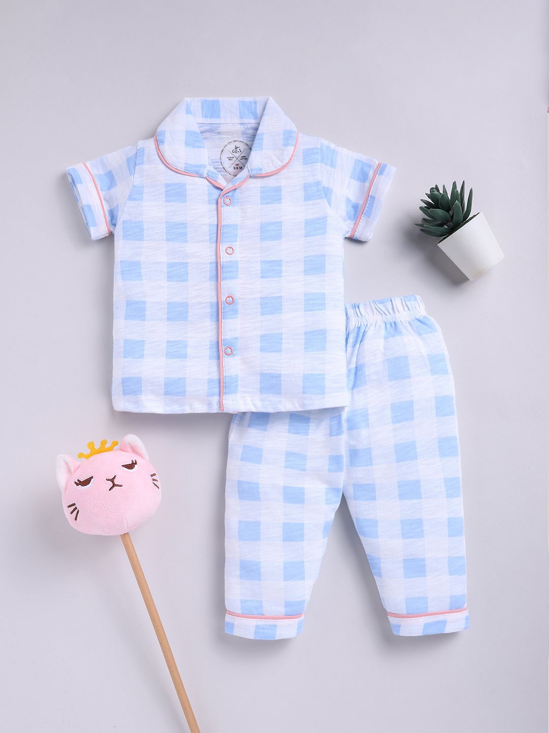 

Clt.s Unisex Kids Checked Pure Cotton Night suit, Blue