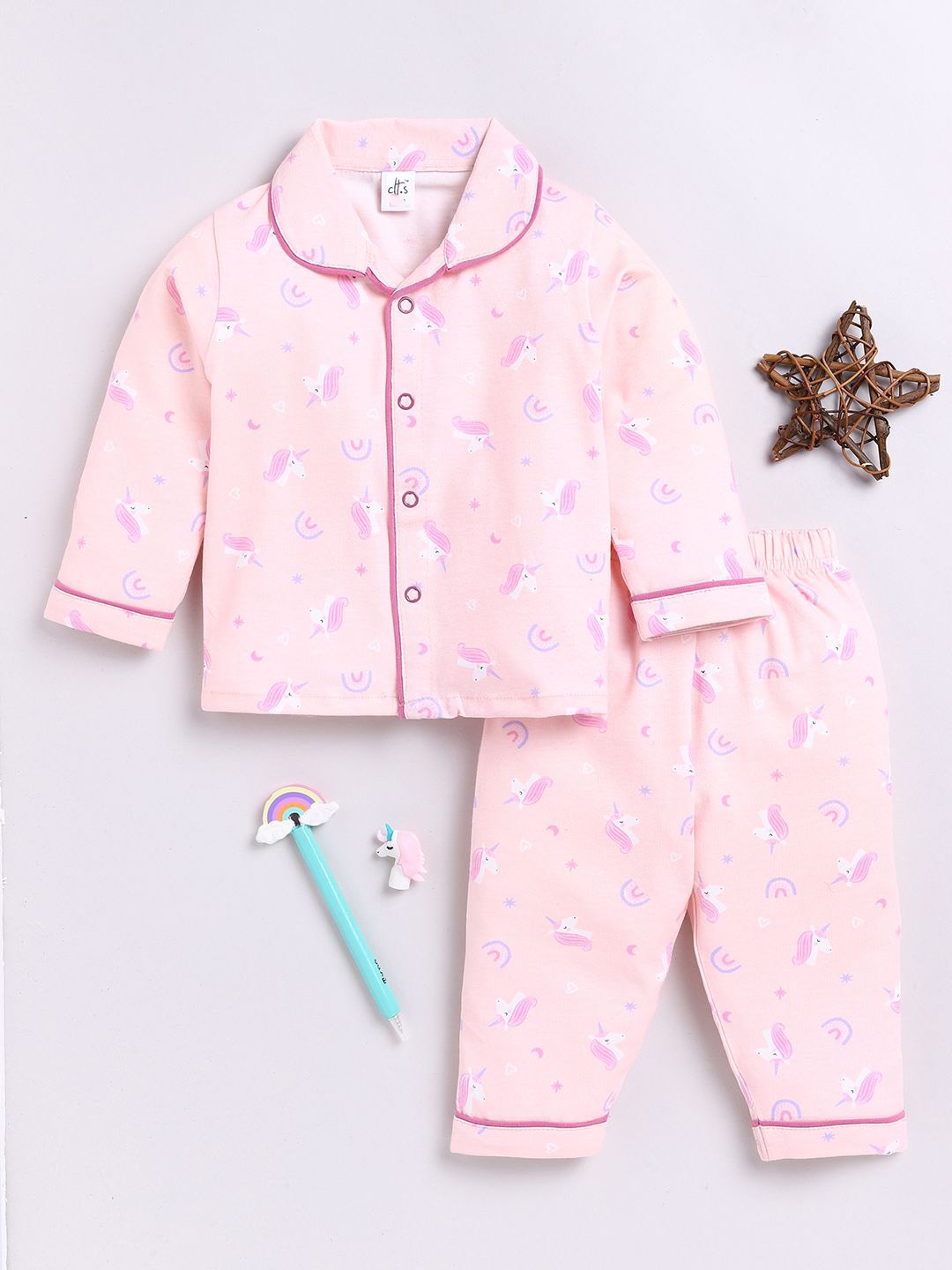 

Clt.s Unisex Conversational Printed Peter Pan Collar Shirt With Pyjamas, Peach