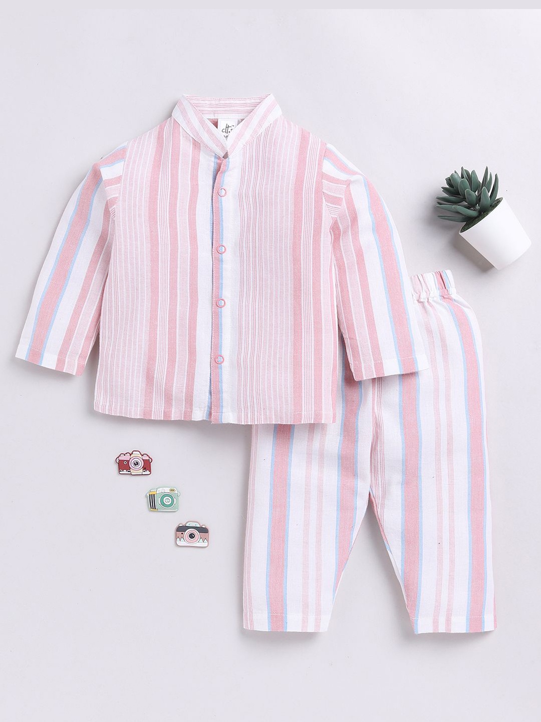 

Clt.s Unisex Kids Striped Pure Cotton Night Suit, Pink