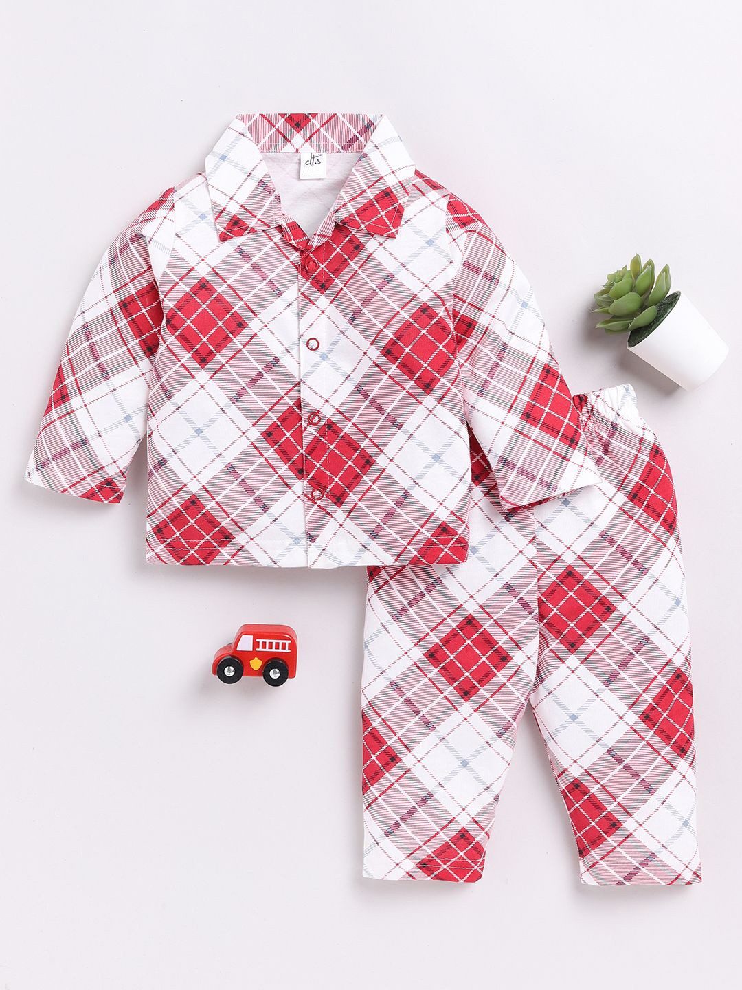 

Clt.s Unisex Kids Checked Pure Cotton Night suit, Red
