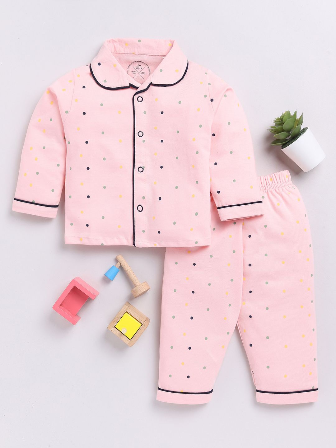 

Clt.s Unisex Kids Polka Dots Printed Pure Cotton Shirt & Pyjamas, Pink