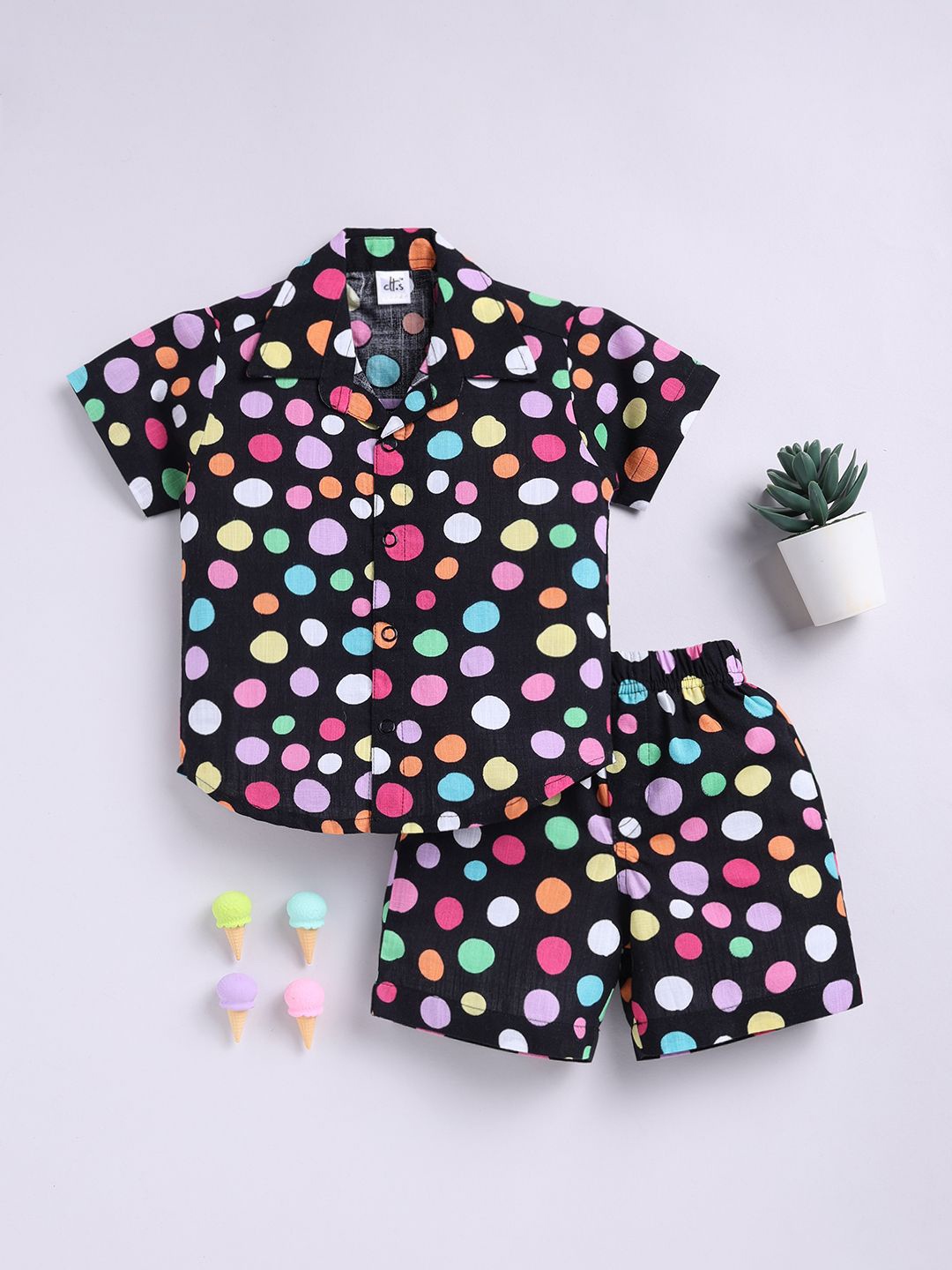 

Clt.s Unisex Polka Dots Printed Cuban Collar Pure Cotton Shirt With Shorts, Black