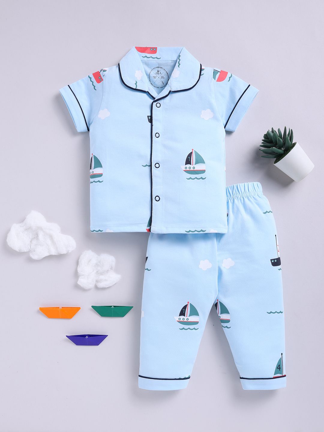

Clt.s Unisex Graphic Printed Peter Pan Collar Pure Cotton Shirt With Pyjamas, Blue