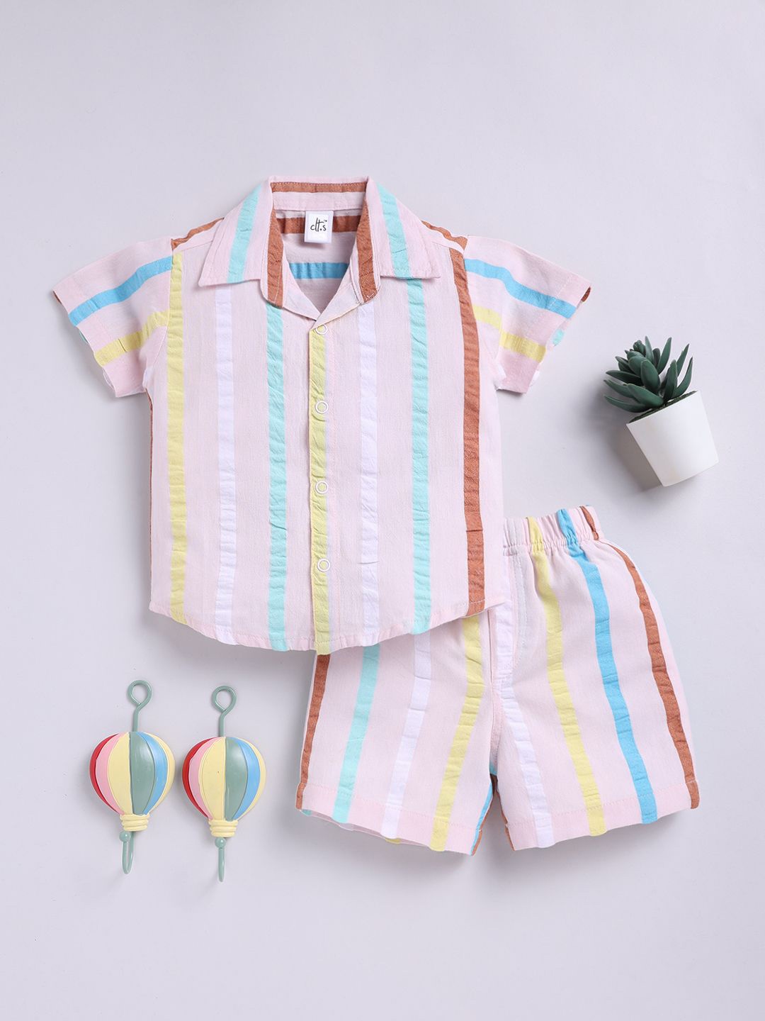 

Clt.s Unisex Kids Striped Printed Pure Cotton Shirt & Pyjamas, Pink