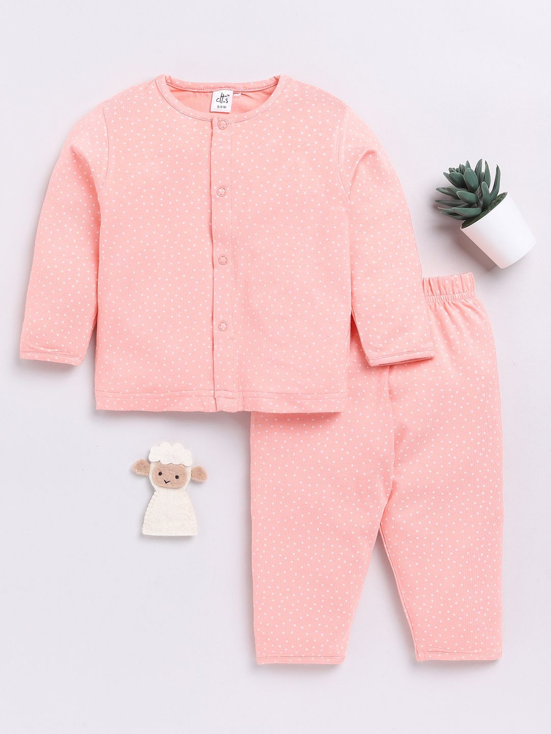 

Clt.s Kids Polka Dot Printed Night suit, Peach