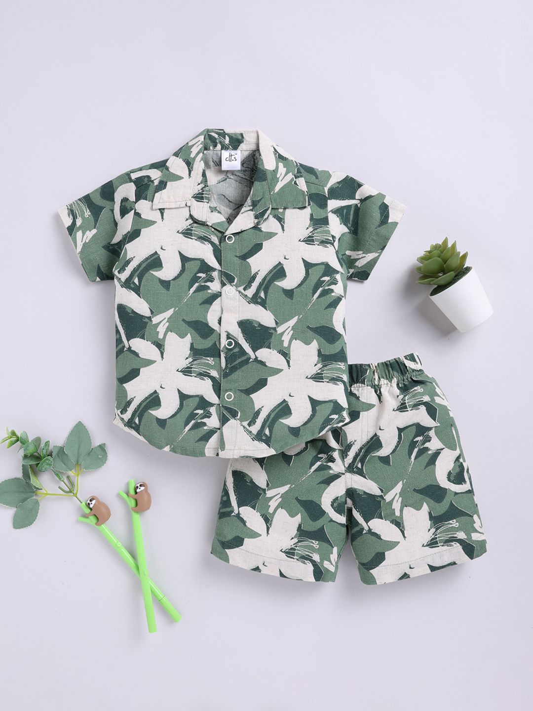 

Clt.s Kids Tropical Printed Short Sleeves Pure Cotton Shirt With Shorts, Green