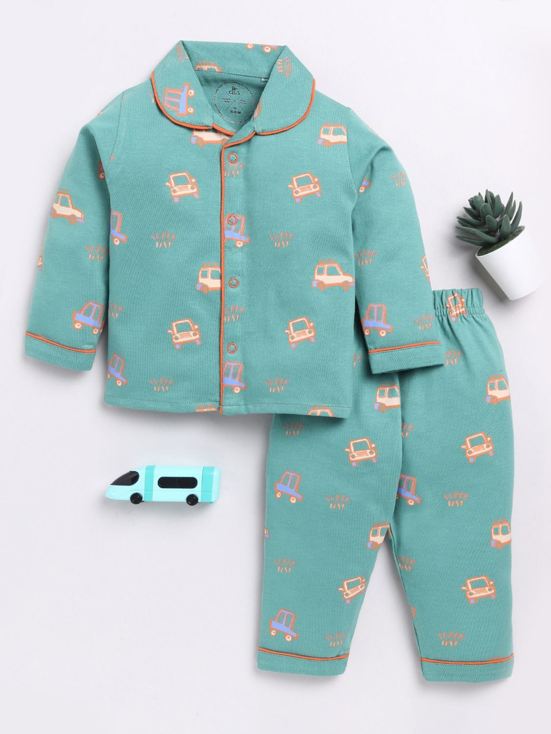 

Clt.s Kids Conversational Printed Long Sleeves Pure Cotton Shirt With Pyjamas, Teal