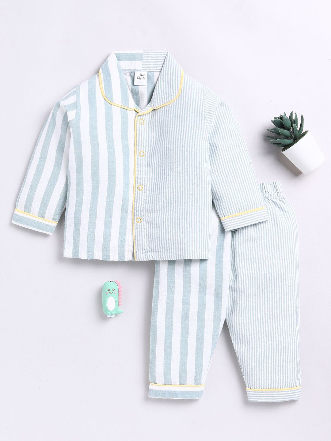

Clt.s Unisex Kids Striped Printed Pure Cotton Shirt & Pyjamas, Green
