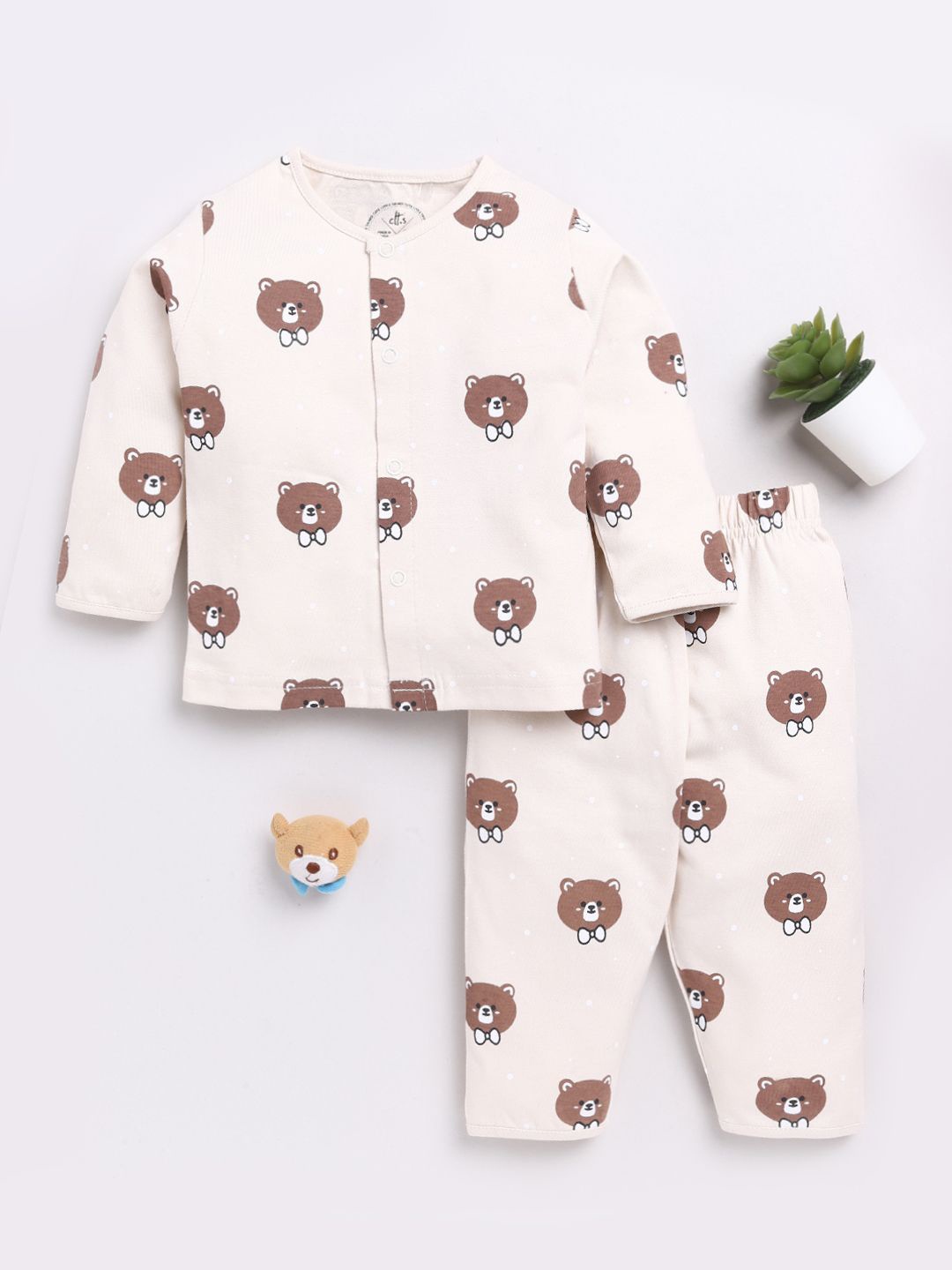 

Clt.s Unisex Kids Animal Printed Pure Cotton Night suit, Beige