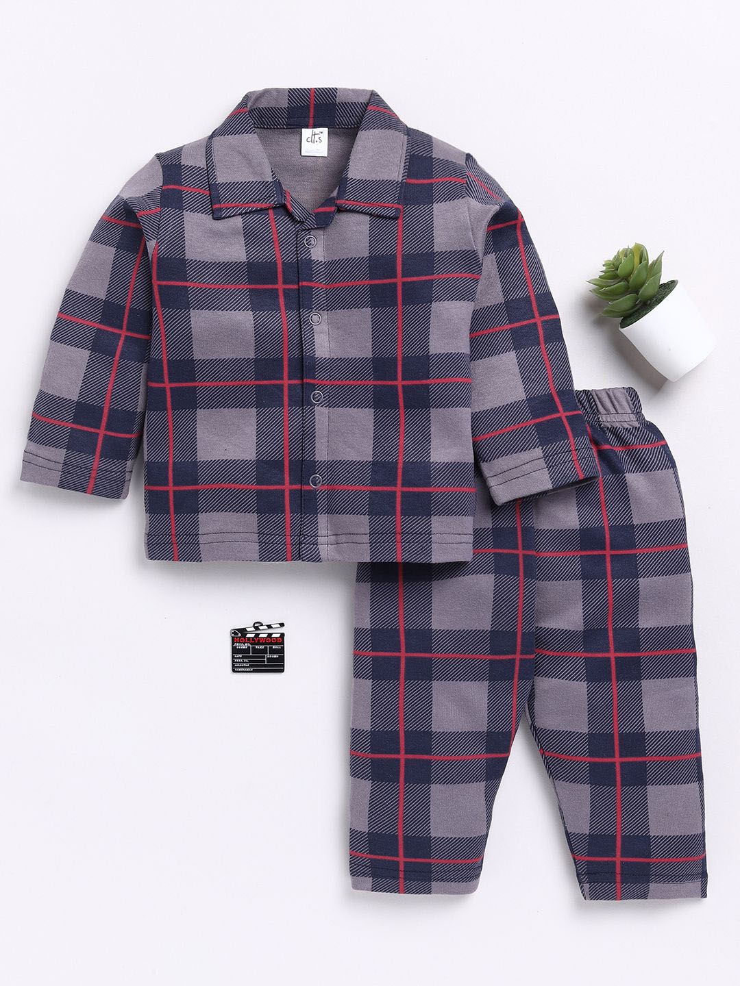 

Clt.s Kids Checked Long Sleeves Pure Cotton Shirt With Pyjamas, Navy blue