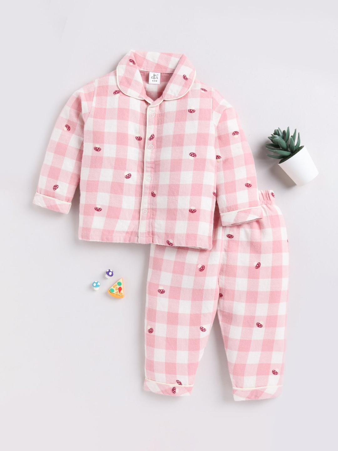 

Clt.s Unisex Kids Checked Pure Cotton Night suit, Pink