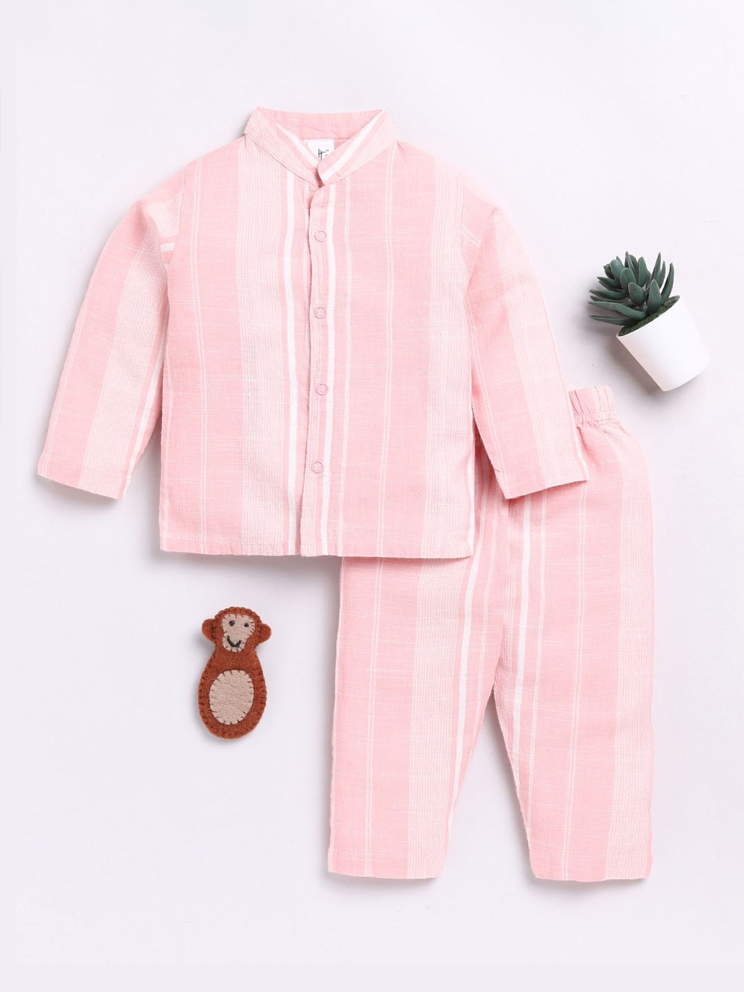 

Clt.s Unisex Kids Striped Pure Cotton Night suit, Peach