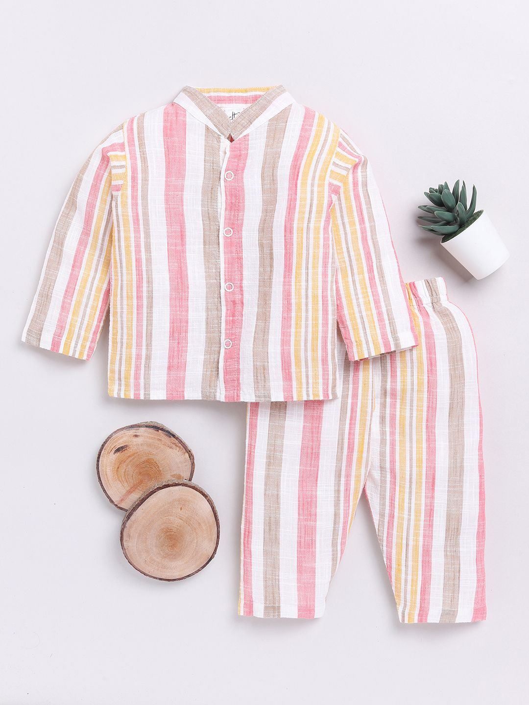 

Clt.s Unisex Kids Striped Pure Cotton Night suit, Pink