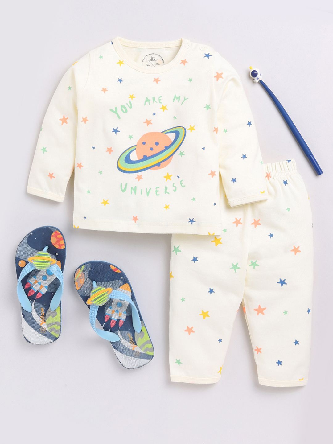 

Clt.s Unisex Kids Graphic Printed Pure Cotton Night Suit, Cream