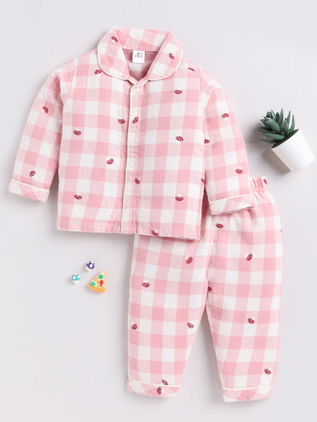 

Clt.s Kids Checked Printed Pure Cotton Night suit, Pink