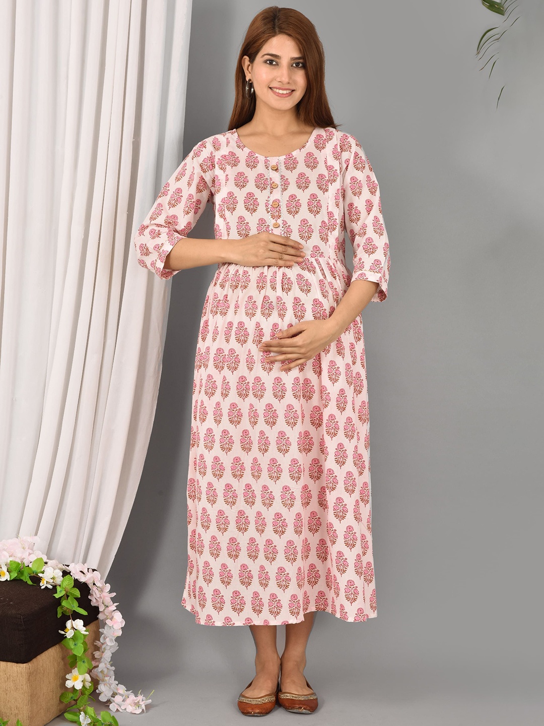 

KALINI Floral Print Maternity A-Line Midi Dress, White