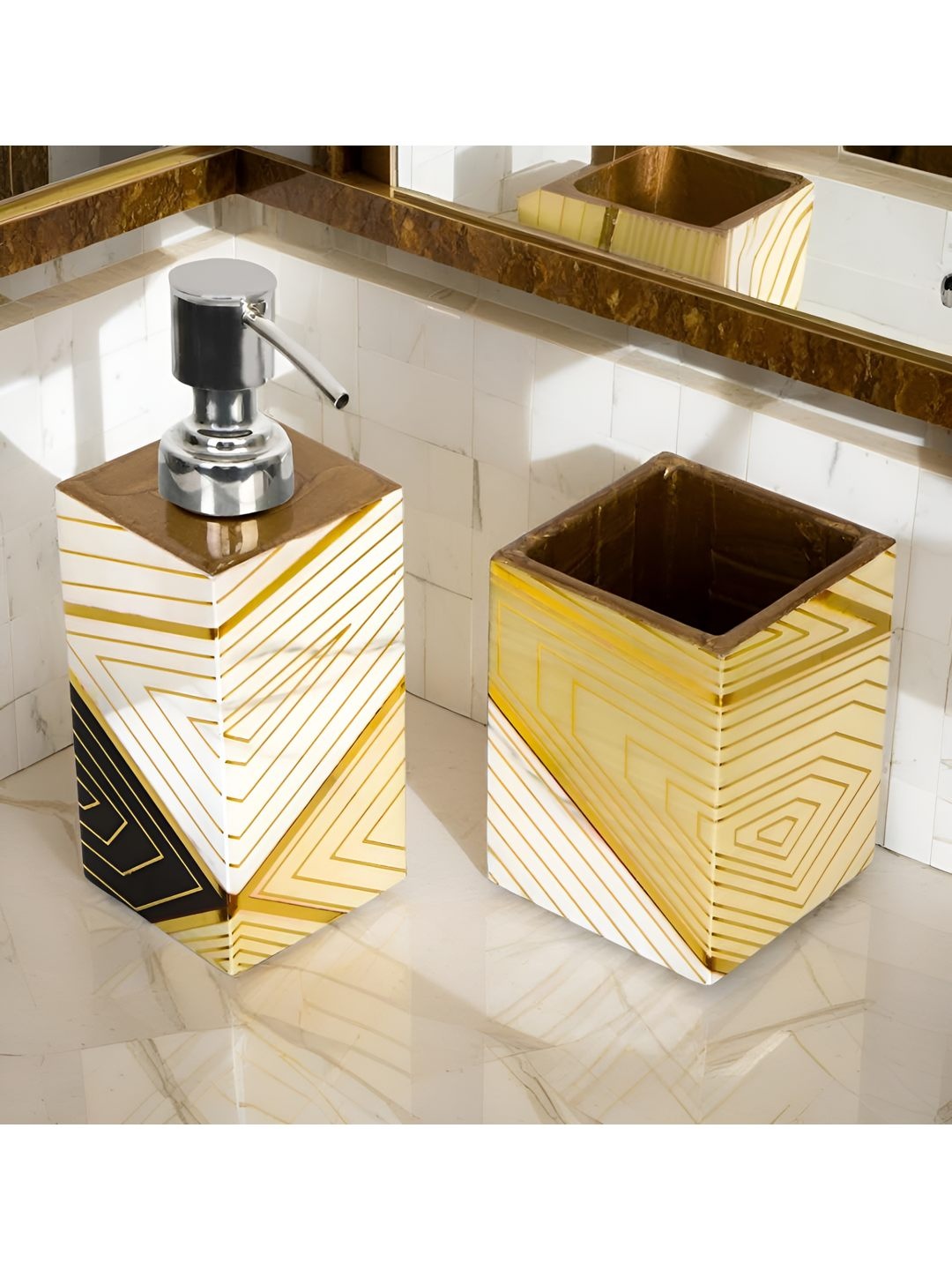 

THE HOME CO. Gold Toned & White 2 Pieces Striped Wooden Bath Accessories Set