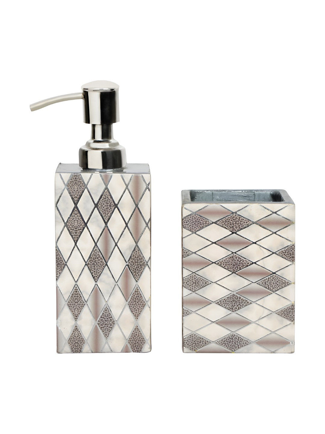 

THE HOME CO. Grey & White 2 Pieces Checked Wooden Bath Accessories Set