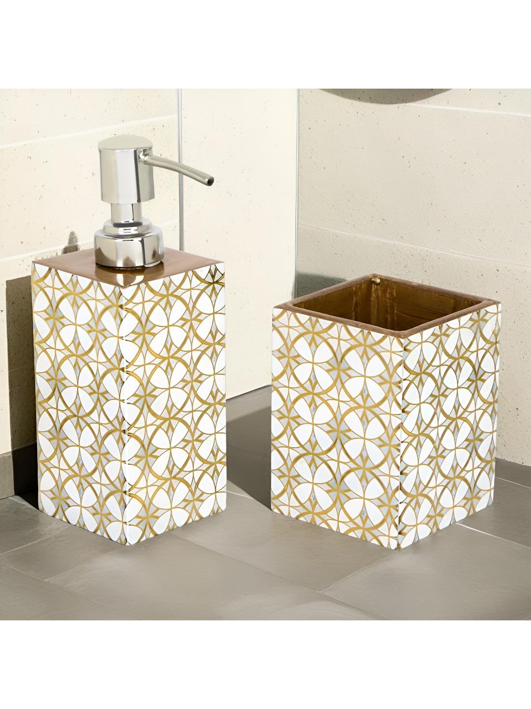 

THE HOME CO. White & Gold Toned 2 Pieces Ethnic Motifs Printed Wooden Bath Accessories Set