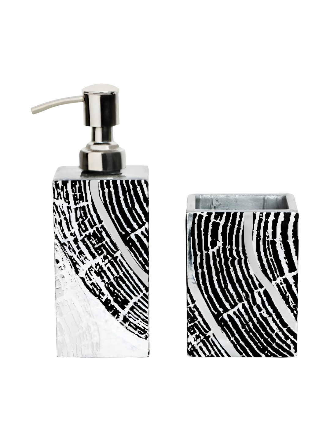 

THE HOME CO. Grey & White 2 Pieces Abstract Printed Wooden Classic Bath Accessories Set