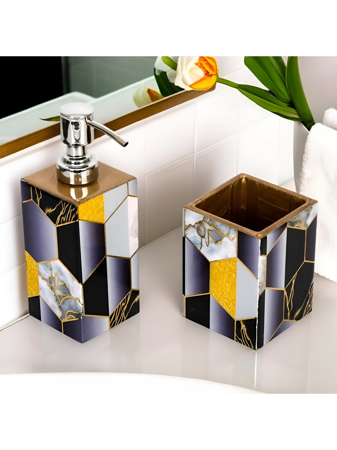 

THE HOME CO. Black & Yellow 2 Pieces Geometric Printed Wooden Classic Bath Accessories Set