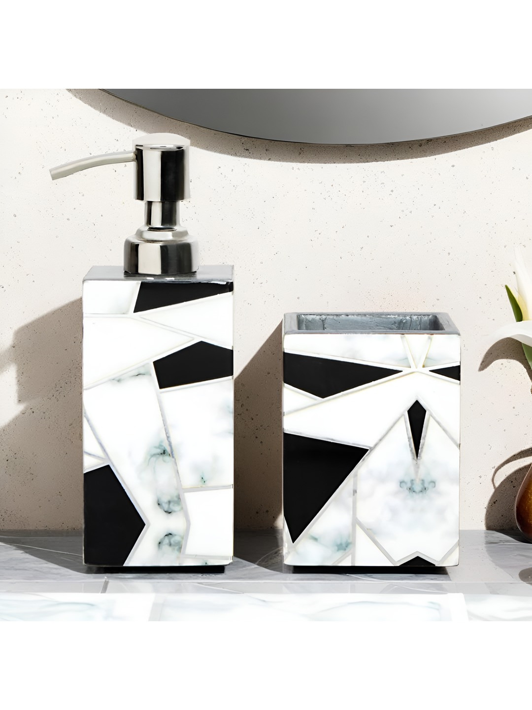 

THE HOME CO. Grey & White 2 Pieces Abstract Printed Wooden Classic Bath Accessories Set