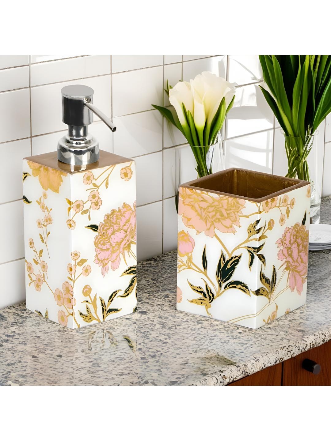 

THE HOME CO. White & Orange 2 Pieces Floral Printed Wooden Classic Bath Accessories Set
