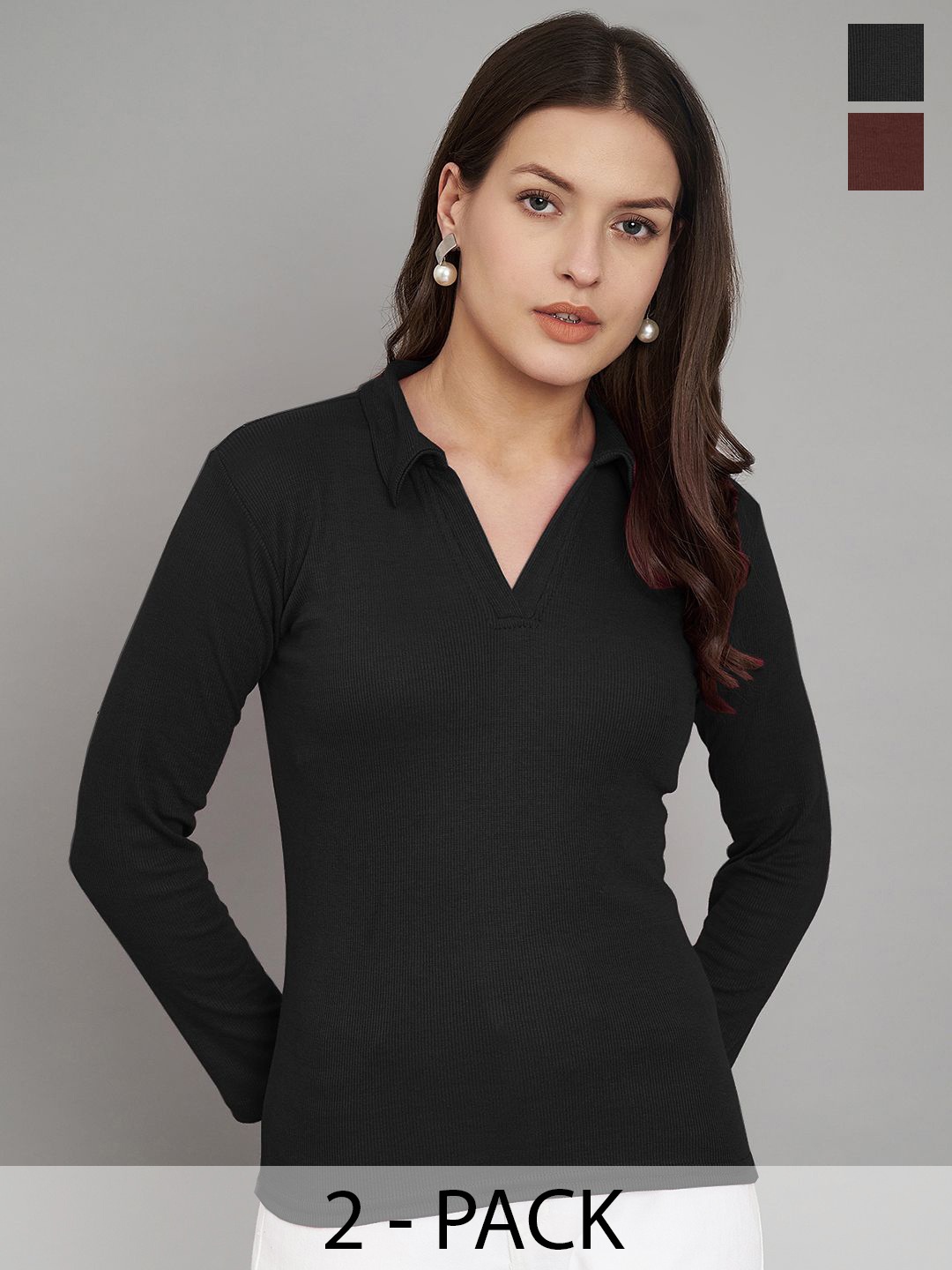 

Trend Level Pack of 2 Ribbed Shirt Collar Cotton Solid Tops, Black